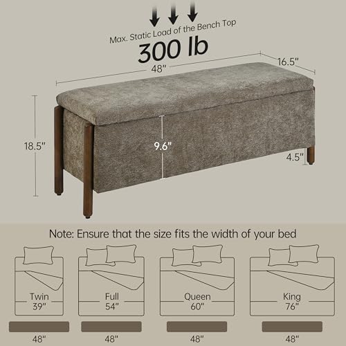 Usaint Wooden Storage Ottoman Bench, 47" Fabric Upholstered End of Storage Bench with Rubberwood Legs, Entryway Bench with Storage for Bedroom, Living Room, Reception, Cloakroom, Brown - color: Brown