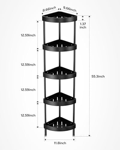 Nieifi Corner Shower Caddy Stand-5 Tier Rustproof Anodized Aluminum Standing Shower Organizer-Shower Caddy Corner-Dual Stability to Anti-Shaking-Height-Adjustable Legs for Uneven Surfaces-Black - color: Black, size: 5-Tier