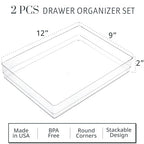 STORi SimpleSort 2-Piece Stackable Clear Drawer Organizer Set | 12" x 9" x 2" Rectangle Trays | Wide Makeup Vanity Storage Bins and Office Desk Drawer Dividers | Made in USA - size: 12x9x2"