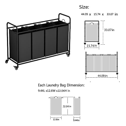 Laundry Sorter 4 Section Hamper Sorter with Heavy Duty Lockable Rolling Wheels Removable Bags Basket Separator for Dirty Clothes Storage,Black - size: 4 Bags Black