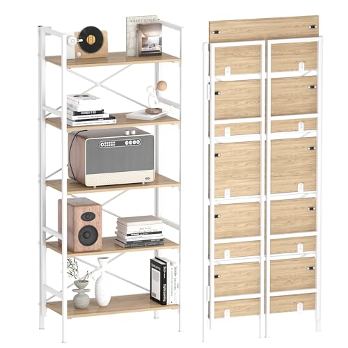 Folding Bookshelf,5 Tier Bookcase Foldable Shelf with X-Bracket Design, Adjustable Feet, Space Saving Storage for Living Room, Office, Light Coffee - color: Light Coffee, size: 5 Tier