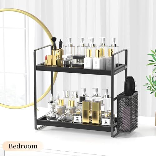 LEMIKKLE Bathroom Organizer Countertop, Counter Organizer for Bathroom Decor, Wooden Sink Shelf for Vanity Storage, Makeup Tray for Perfume Skincare Bedroom Kitchen Corner (Black) - color: Black