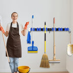 Broom Holder Mop Hanger Wall Mount Metal Organization Garage Storage System Laundry Room Closet Shed Garden Kitchen Tool Organizer (6 Racks with 3 Hooks, Blue)