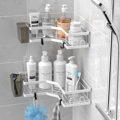 AKTECKE Shower Caddy Corner Organizer Shelf: 2Pack Adhesive Shower Essentials Accessories - No-Drilling Stainless Steel Bathroom Storage Rack with Hooks and Toothpaste Holder - color: white, size: 9.6"×9.6"×2.6"