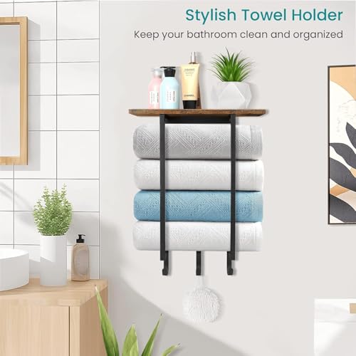 ELITEROO Towel Racks for Bathroom Wall Mounted, Towel Holder with Wooden Shelf and 3 Hooks for Washcloths Hand Towel, Bath Towel Storage Organizer for Small Bathroom, RV, Rustic Brown - color: Rustic Brown