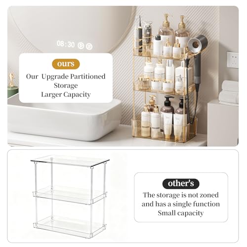 Bathroom Counter Organizer for Vanity, Makeup Organizer Countertop with Holder, Large Capacity Storage Rack, Perfect Large Skincare, Hair Care, Perfume, Easy to Install (Gold, 3Tiers) - color: Amber, size: 3 Tiers