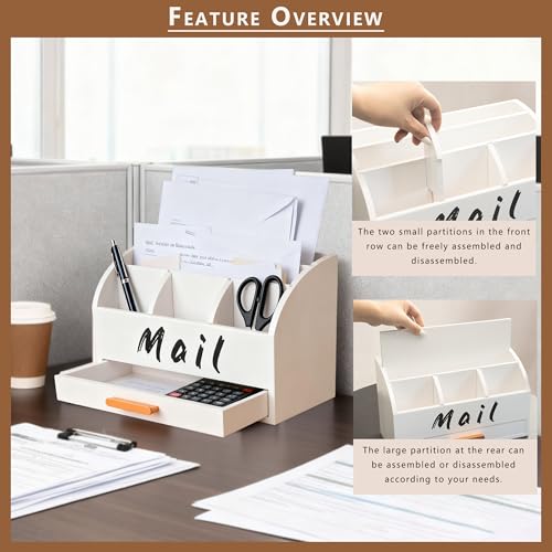 goprety Mail Organizer for Desk - Countertop Bill Holder with File Storage, Wooden Desktop with Drawers - Home & Office Mail Management System