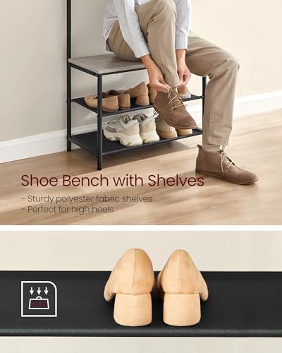 VASAGLE Hall Tree with Bench and Shoe Storage, Entryway Bench with Coat Rack Stand and Shoe Rack, 9 Movable Hooks, Top Bar, Fabric Shelves, Industrial, Greige and Black UHSR411B02 - color: Greige + Black, size: 25.2"W