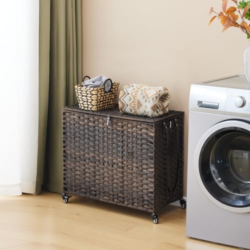 Laundry Hamper with Wheels, 34.3 Gallon(130L) Rolling Laundry Basket with Lid, 3-Section Rattan Clothes Hamper with 3 Removable Liner & 3 Mesh Bags, Laundry Sorter with Side Pocket, Brown - color: Brown, size: 130L（23.62 x 15.75 x 21.65 Inches）