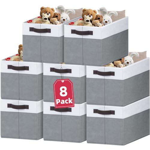 Criusia 8 Pack Closet Organizers and Storage Bins - Extra Large Storage Baskets for Organizing - Clothes Storage Bins for Shelves -Foldable Organizer Bins Totes for Toy Blanket, Dorm Room Essentials - color: White with Grey, size: 8pcs - Rectangular 16"x1