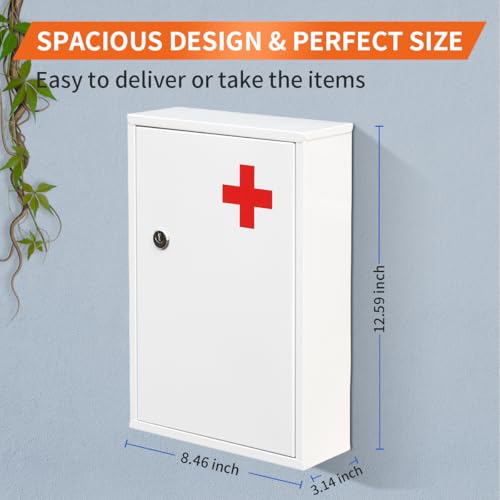 Ydocabinit Steel Wall-Mount Lockable Medical Cabinet, 2-Tier Medical Box with Key, Metal Storage Box, Medicine Organizer Secure Large Capacity, First Aid Cabinet for Bathroom School 12.59×8.46×3.14"