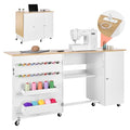VEVOR Folding Sewing Table, Multipurpose Sewing Machine Table with Cabinet, Charging Station, Compact Design, Wheels, Wooden Pegs, Storage Trays and Shelf, Craft Station and Side Desk for Home - size: Natural White w/ Cabinet