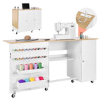 VEVOR Folding Sewing Table, Multipurpose Sewing Machine Table with Cabinet, Charging Station, Compact Design, Wheels, Wooden Pegs, Storage Trays and Shelf, Craft Station and Side Desk for Home - size: Natural White w/ Cabinet