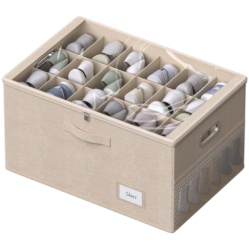Shoe Organizer for Closet, Shoe Box Storage Containers Fit 18 Pairs Foldable Shoe Storage Bins with Clear Cover & Adjustable Dividers for Shoes Blankets Linen Clothing (Beige, (24.4*16.5*12.9)x1) - color: Beige, size: (24.4*16.5*12.9)x1