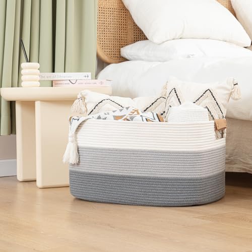 danpinera Large Woven Basket 25’’*16’’*16’’ 108L Woven Baskets for storage Baby Laundry Hamper, Cotton Rope Boho Decorative Storage Bin for Living Room, Nursery, Clothes, Pillows Gradient Grey - color: Gradient Grey, size: 108L