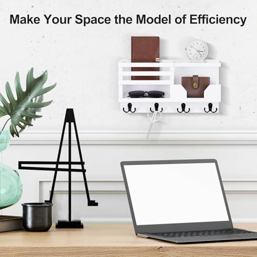 Lwenki Mail and Key Holder for Wall – Decorative 15.9” x 8.7” x 3.2” Entryway Organizer with Shelf – Paulownia Wood with 4 Dual Hooks Includes Mounting Hardware and Installation Guide - color: White
