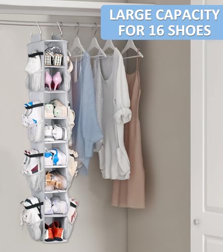 SLEEPING LAMB 8 Shelves Hanging Shoe Rack Hanger, Narrow Hanging Shoe Organizer for Closet Storage Clothes, Gloves, Bags, with 8 Large Mesh Pockets to Hold 16 Pairs Shoes in Dorm, Grey - color: Grey, size: 52''