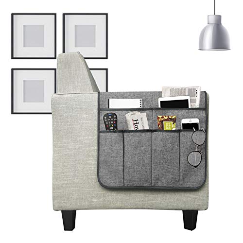 Couch Sofa Armrest Organiser Arm Chair Caddy Bedside Storage Pocket with 8 Pockets TV Remote Holder Bed Storage Pocket Bag for Cellphone Tablet Notepad Book Magazines DVD Glasses - color: #B Grey (Cotton + Linen)