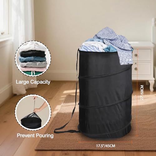 BATTOO Extra Large 107L Strong Laundry Hamper 17.5" x 27" Collapsible Laundry Baskets with Long Straps Drawstring Barrel Foldable Hamper for Laundry Room, Bathroom, Campout, College Dorm or Travel - color: Black, size: 17.5"x27"
