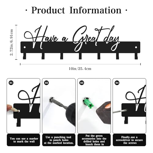 Have a Great Day Key Hooks for Wall Decoration,Delicate Fashion Black Metal Key Holder Wall Mount,Have a Great Day Key Hanger with 7 Kooks for Hallway,Office - color: Have a Great Day