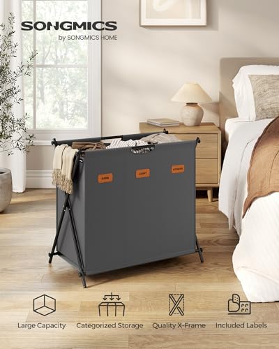 SONGMICS Laundry Hamper, Laundry Basket, 35.7 Gal. Laundry Sorter 3 Sections, Collapsible X-Frame, Clothes Organizer with Customizable Labels, Laundry Room, Bedroom, Bathroom, Slate Gray ULCB130G01 - color: Slate Gray, size: 135 L