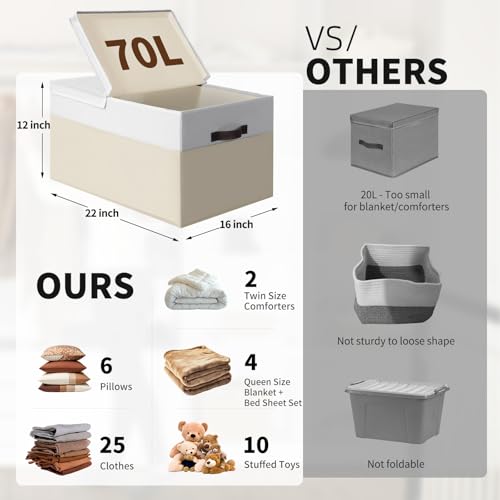 2 Pack EXTRA LARGE Blanket Storage Baskets with Lids, 22”x16”x12” Closet Organizers Bins for Clothes Towel/ Toy Storage Box with Lid Handles/ Stackable Decorative Fabric Bins for Living Room, Nursery - color: White with Beige