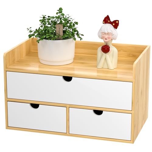 Desk Organizer with Drawers - Bamboo Desktop Organizer Storage | Natural-White Wood Desk Drawers Organizer for Bills, Office Supplies, Cosmetics, Seals No Assembly Required - color: 2 Natural-White, size: 13”L x 6.6”W x7.87”H