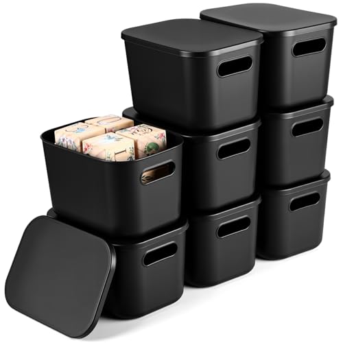 Hoolerry 8 Pieces Colorful Storage Bins with Lid, Plastic Storage Basket Organizing Container Stackable Box with Handle for Shelves Desktop Playroom Office(9.8 x 7.1 x 6.3 Inch,Black) - color: Black, size: 9.8 x 7.1 x 6.3 Inch