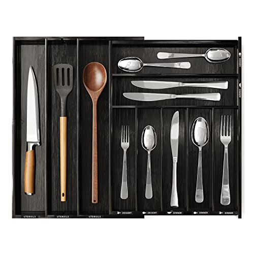 SpaceAid Bamboo Silverware Drawer Organizer with Labels, Kitchen Utensil Expandable Tray Holder Organizer for Flatware, Cutlery, Spoon and Knives Drawer Storage Organization (Black, 10 Slots) - color: Black