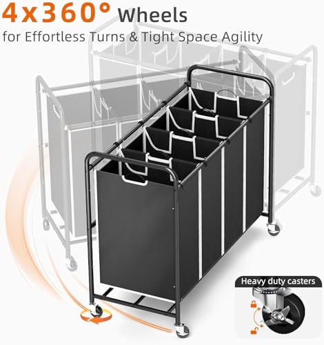 ROMOON Laundry Hamper Sorter Cart: 4-Section Organizer with Heavy-Duty Lockable Wheels and Removable Bags | 180L Rolling Laundry Basket for Dirty Clothes in Laundry Room or Small Spaces (Black) - color: black