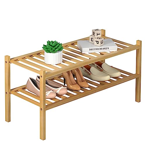 ROMGUAR CRAFT 2 Tier Bamboo Shoe Rack for Closet Free Standing Wood Shoe Shelf for Entryway Small Space Stackable 27"x11"x13" (Natural) - color: Natural, size: 2 Tier