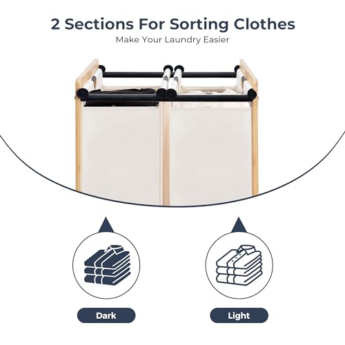 STO STO 2-Section Laundry Sorter with Bamboo Frame, Rolling Laundry Hamper Basket with Removable Bags and Lockable Wheels, Laundry Cart for Clothes Storage in Bedroom & Laundry Room, Beige - size: 2-Section