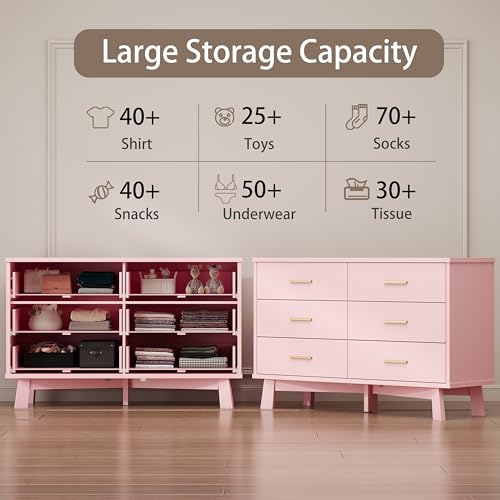 Xixini Dresser for Bedroom, 6 Drawer Wide Modern Chest of Drawers with X-Shaped Sturdy Base, Wood Double Dresser Closet Clothes Storage Organizer, Wooden TV Stand for Living Room, Hallway, Pink - color: Pink, size: 15.6"D x 47.2"W x 29.5"H (6 Drawers)