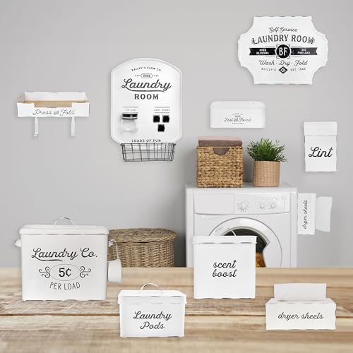 AuldHome Design Farmhouse Laundry Powder Container, White Enamelware Detergent Bin w/Scoop