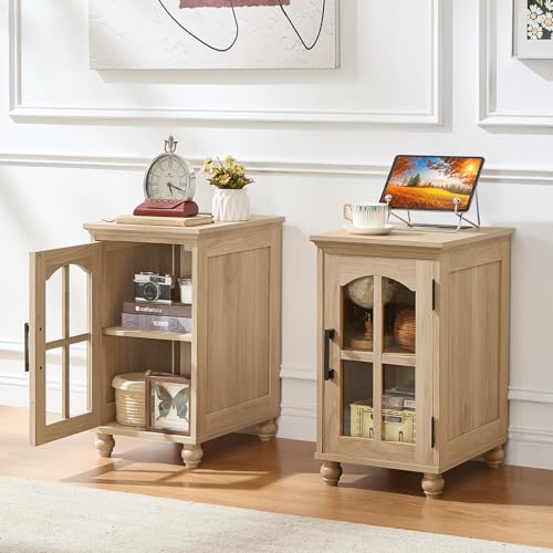 Narrow Side Table,Farmhouse Nightstand with Charging Station,Wood End Table with Glass Barn Door Storage, Cabinet Organizer with Adjustable Shelf, Night Stand for Small Spaces for Living Room Bedroom - color: Natural Wood, size: Set 1