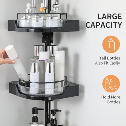 360° Rotating Shower Caddy Tension Pole, 3 Tiers Corner Shower Organizer for Bathroom Shelf Bathtub, Adjustable Standing Shower Rack Bathroom Accessories, Easily Assemble, 34-124 Inch Height, Black - color: Black, size: 3tiers