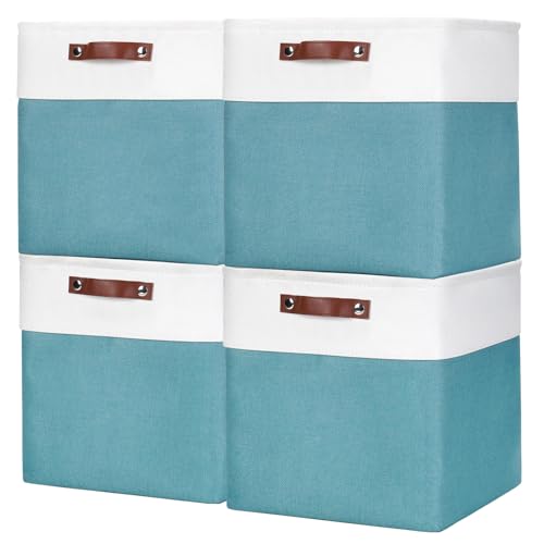 Bagnizer 13x13 Cube Storage Bins, Collapsible Fabric Storage Box, 4 Pack Closet Baskets with Handles for Organizing, Shelf, Toys, Clothes, Home, Office, Nursery (Teal&White) - color: Teal / Off-White, size: Cube - 13"x13"x13"