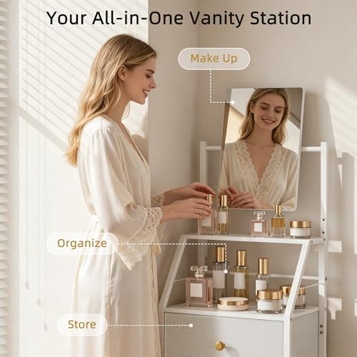 HIGDBFE 4-Drawer Dresser with Mirror, Vanity with 2-Tier Shelves, Fabric Chest of Drawers for Small Space, Vertical Storage Cabinet for Bedroom, Nightstand Bedside Table Furniture, White, 15.3" W - color: White