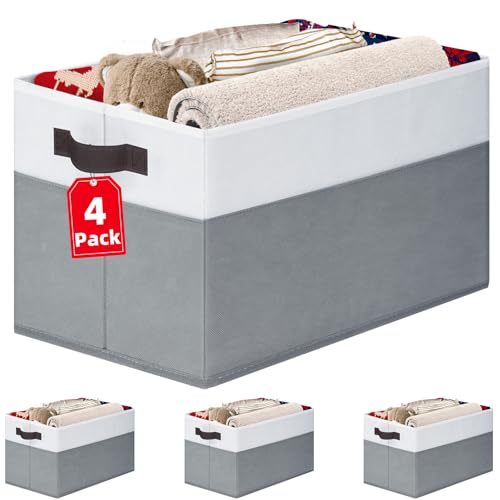 4 Pack Large Closet Storage Baskets Bins for Shelves | Fabric Closet Organizers and Storage with Handles Home Organization | Decorative Collapsible Baskets for Organizing Clothes Toy Nursery 14"x10" - color: White with Grey, size: 4pcs - Rectangular 14"x1
