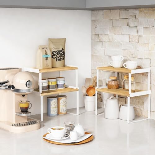 Goozii Kitchen Cabinet Organizer Set of 4, Desk Shelf Riser, Stackable Cabinet Pantry Cupboard Organizer, Kitchen Counter top Shelf, Storage Rack for Spices, Plates, Bamboo Wood, White - color: White-bamboo, size: Medium