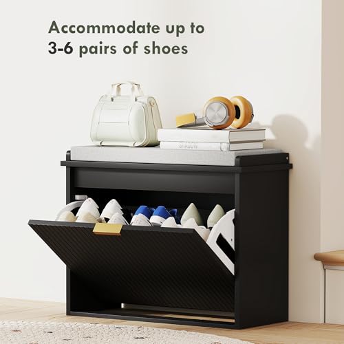 HOMCOM Narrow Shoe Bench with Padded Seat Cushion and Flip-Drawer, Small Entryway Bench Holds up to 265lb, Shoe Cabinet, 24.4x10.2x18.7 Inches, Black - color: Black, size: 24.4" x 10.2" x 18.7"