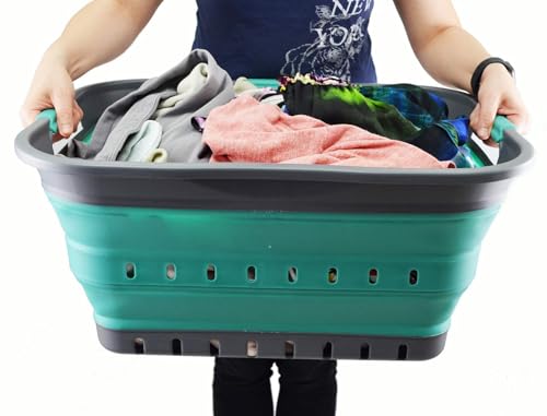 SAMMART 42L (11 gallon) Collapsible Plastic Laundry Basket - Foldable Pop Up Storage Container/Organizer - Space Saving Hamper/Basket (1, Grey/Turquoise Blue) - color: Grey/Turquoise Blue