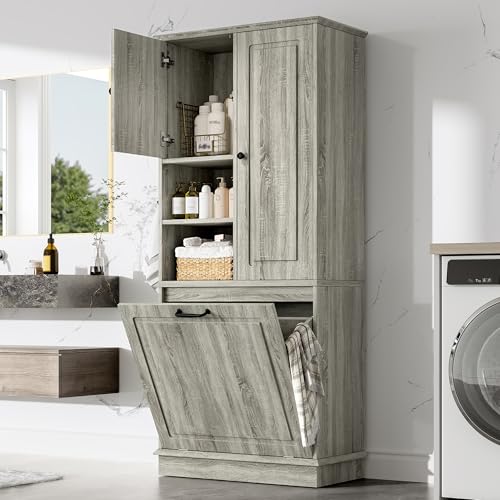 Virubi Tall Laundry Cabinet with Tilt Out Hamper, Wood Tall Laundry Room Cabinets with Doors, and Adjustable Shelves, for Bathroom Storage Organization, Freestanding, Oak - color: Oak, size: 29.9"x14.2"x67.7"