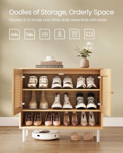 VASAGLE Natural Rattan 3-Tier Shoe Cabinet, 16 Pair Shoe Storage Cabinet, Boho Style Shoe Organizer with Height-Adjustable Shelves and Steel Legs, for Entryway, Closet, Hallway, Oak Beige ULBC049N01 - color: Oak Beige, size: 13.8"D x 31.5"W x 27.6"H-3-Tie