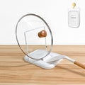 Pot Lid Holder with Spoon Rest for Stove Top and Kitchen Counter, Foldable Pot Lid Organizer with Non-Slip Pads for Lids, Spoons and Spatulas, White