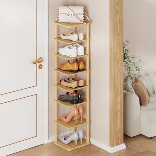 LUCKNOCK Vertical Shoe Rack, 8-Tier Tall Narrow Shoe Organizer for Entryway, Closet, Dorm & Small Spaces, Freestanding Wooden Shoe Shelf Tower for Boots, Sneakers, Heels. (Natural) - color: Natural