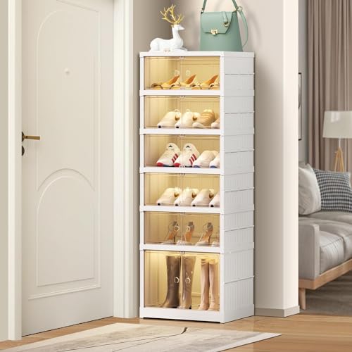EHAMILY 6 Tier Foldable Shoe Rack Organizer for Closet 6-12Pairs Plastic Collapsible Shoe Racks Shelf Stackable Clear Folding Shoes Storage boxes for Small Spaces Narrow Shoe Storage Cabinet - size: 6 Tiers 12 Pairs