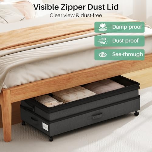 Kitstorack 2Pack Height-adjustable Under Bed Storage with Wheels, Under Bed Storage Containers,Under Bed Shoe Storage Organizer with Clear Window&Label, Suitable for Clothes Storage, Black - color: Black, size: 2 Pack