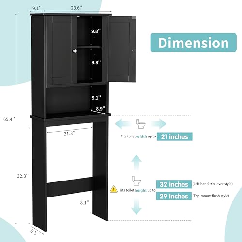 Shintenchi Over the Toilet Storage Cabinet, Bathroom Shelf Organizer with Anti-Tip Device Small Freestanding Space Saver with Adjustable Shelf，Black - color: Black, size: Wood Door