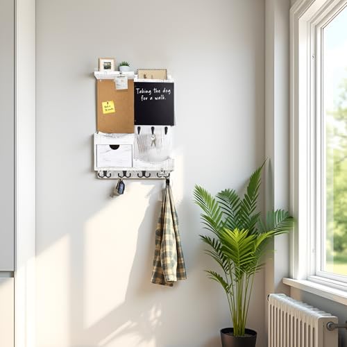 Key Holder Wall Mount， Mail Organizer Key Holder for Wall with Shelf, Drawer, Chalkboard, Corkboard, Home Decor Wall Mounted for Room Entryway(Whitewashed) - color: Washing white, size: Vertical